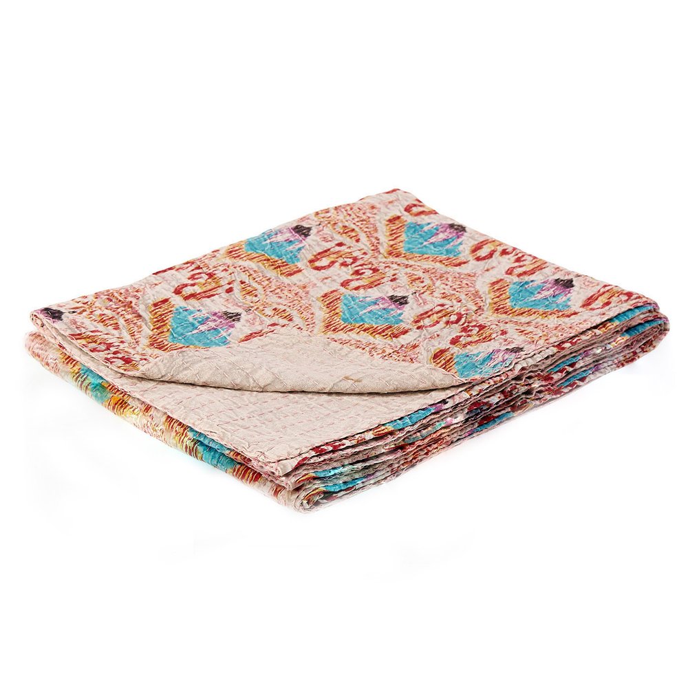 50" X 70" Brown And Pink Floral Cotton Quilted Kantha Throw Blanket with Embroidery