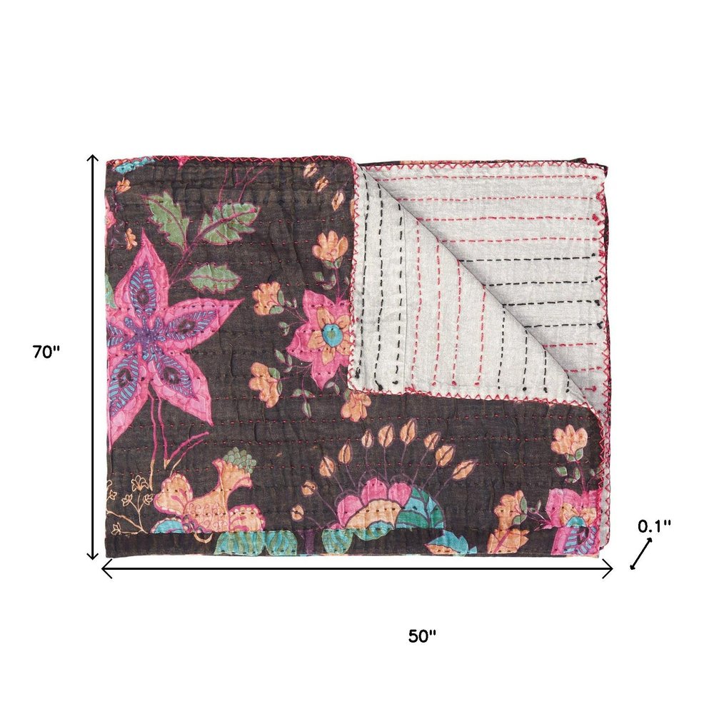 50" X 70" Brown And Beige Floral Cotton Quilted Kantha Throw Blanket with Embroidery