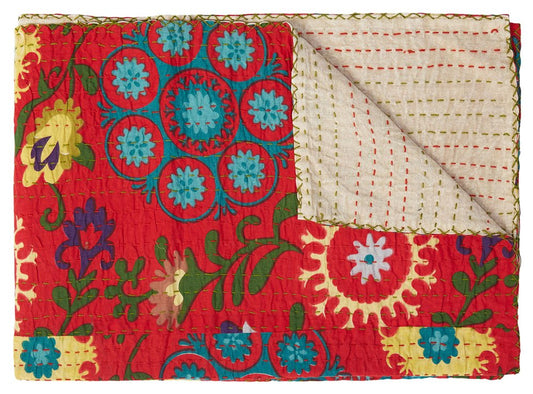 50" X 70" Red Floral Cotton Quilted Kantha Throw Blanket with Embroidery