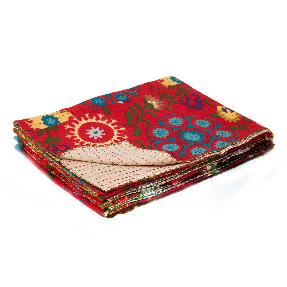50" X 70" Red Floral Cotton Quilted Kantha Throw Blanket with Embroidery