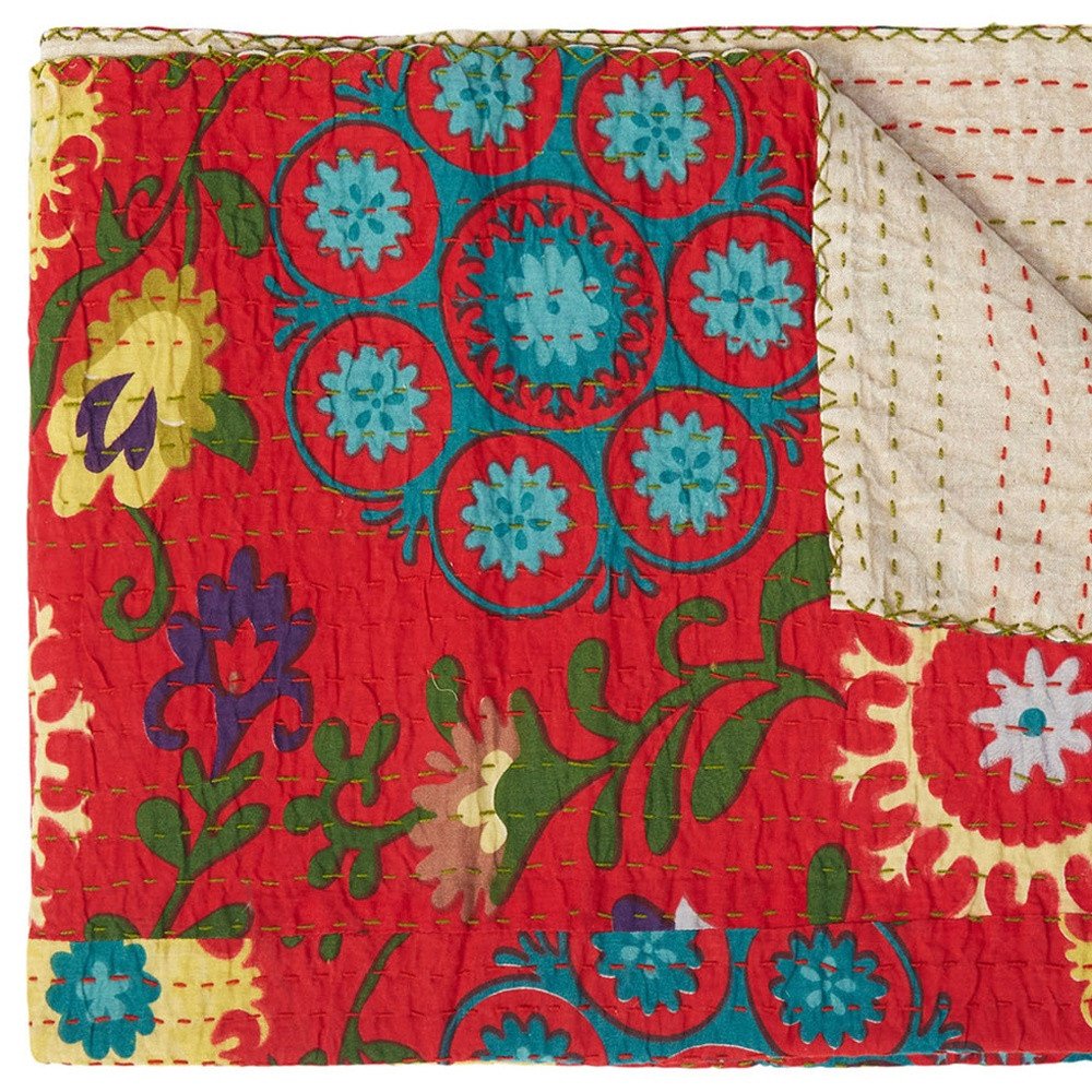 50" X 70" Red Floral Cotton Quilted Kantha Throw Blanket with Embroidery