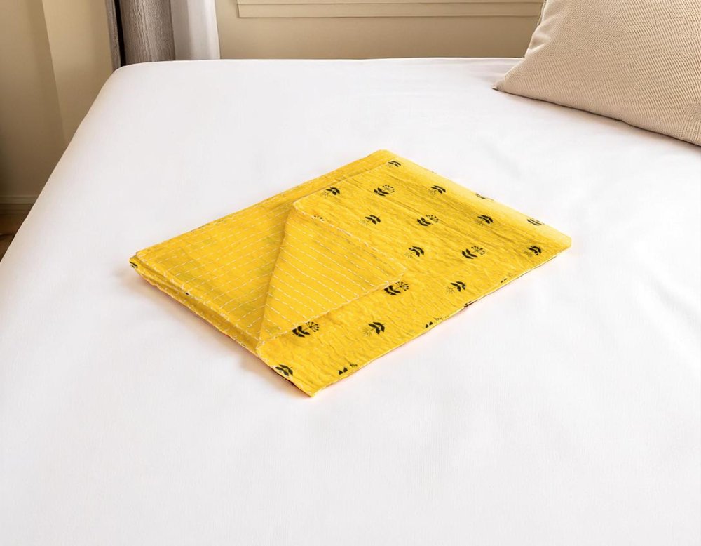 50" X 70" Red Floral Cotton Quilted Kantha Throw Blanket with Embroidery