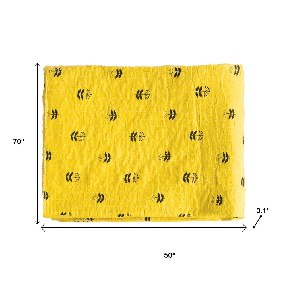 50" X 70" Red Floral Cotton Quilted Kantha Throw Blanket with Embroidery