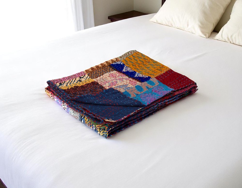 50" X 70" Blue Red And Yellow Patchwork Silk Quilted Kantha Throw Blanket with Embroidery