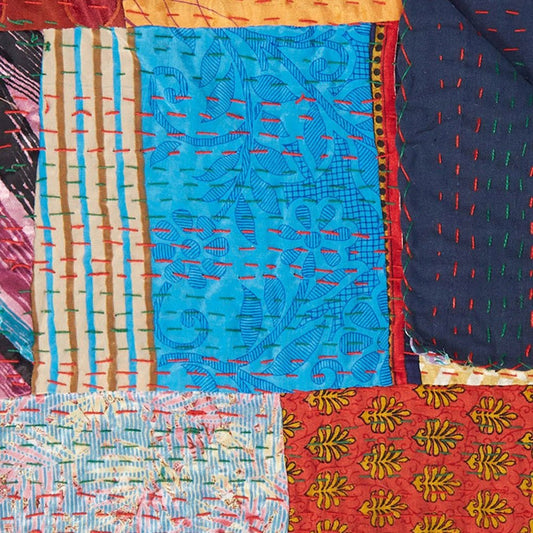 50" X 70" Blue Red And Yellow Patchwork Silk Quilted Kantha Throw Blanket with Embroidery