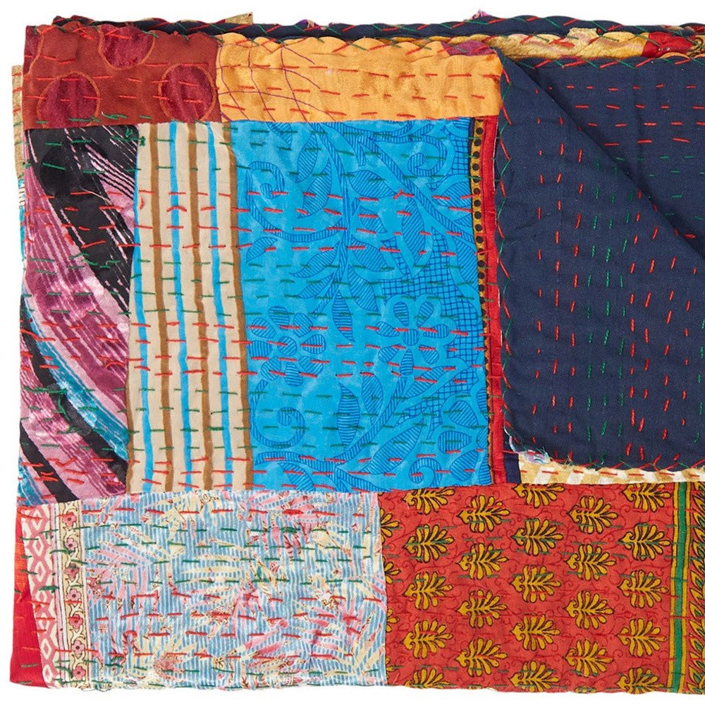50" X 70" Blue Red And Yellow Patchwork Silk Quilted Kantha Throw Blanket with Embroidery
