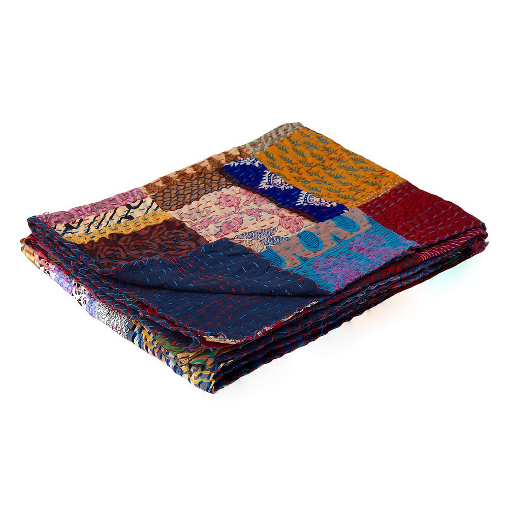 50" X 70" Blue Red And Yellow Patchwork Silk Quilted Kantha Throw Blanket with Embroidery
