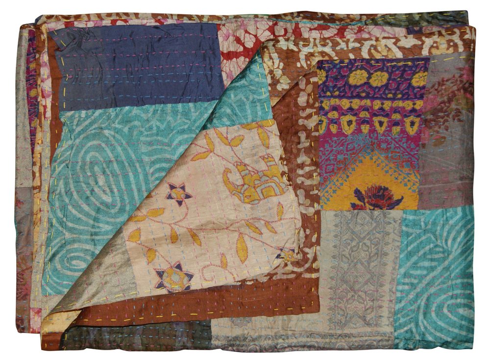 50" X 70" Tan And Beige Patchwork Silk Quilted Kantha Throw Blanket with Embroidery