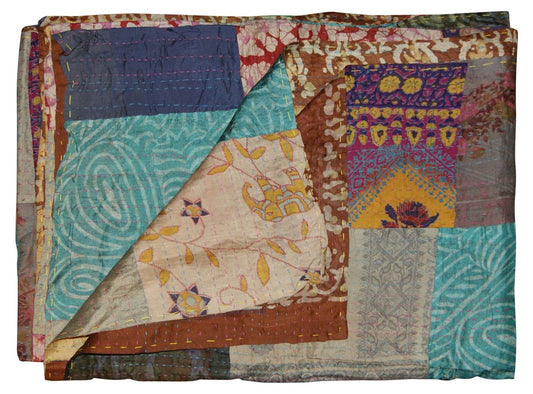 50" X 70" Tan And Beige Patchwork Silk Quilted Kantha Throw Blanket with Embroidery