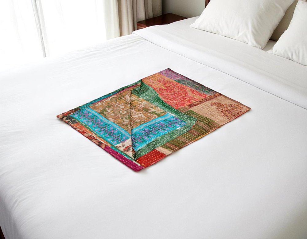 50" X 70" Tan And Beige Patchwork Silk Quilted Kantha Throw Blanket with Embroidery