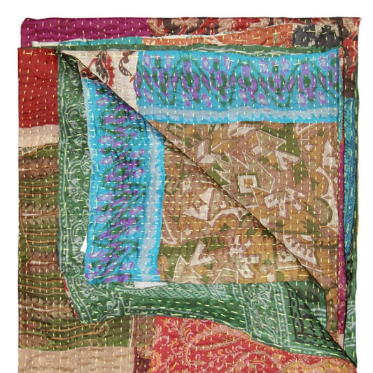 50" X 70" Tan And Beige Patchwork Silk Quilted Kantha Throw Blanket with Embroidery