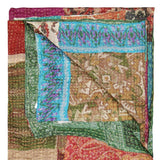 50" X 70" Tan And Beige Patchwork Silk Quilted Kantha Throw Blanket with Embroidery