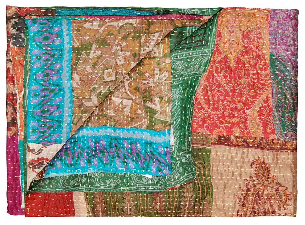 50" X 70" Tan And Beige Patchwork Silk Quilted Kantha Throw Blanket with Embroidery