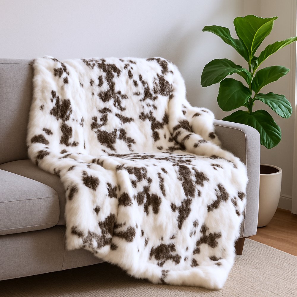 50" X 60" Brown And White Rabbit Fur Plush Throw Blanket