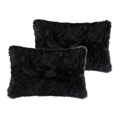 Set of Two 12" X 20" Black Sheepskin Lumbar Throw Pillows