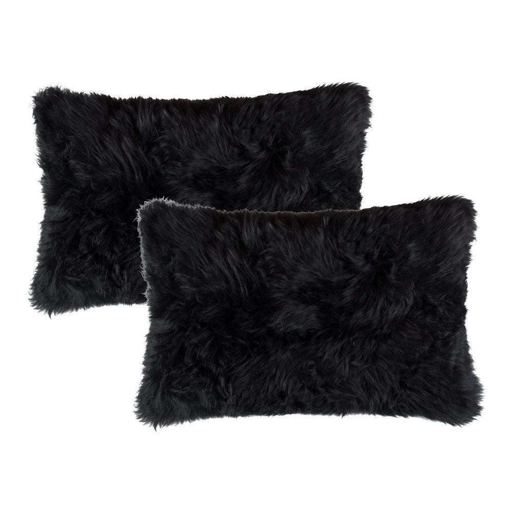 Set of Two 12" X 20" Black Sheepskin Lumbar Throw Pillows