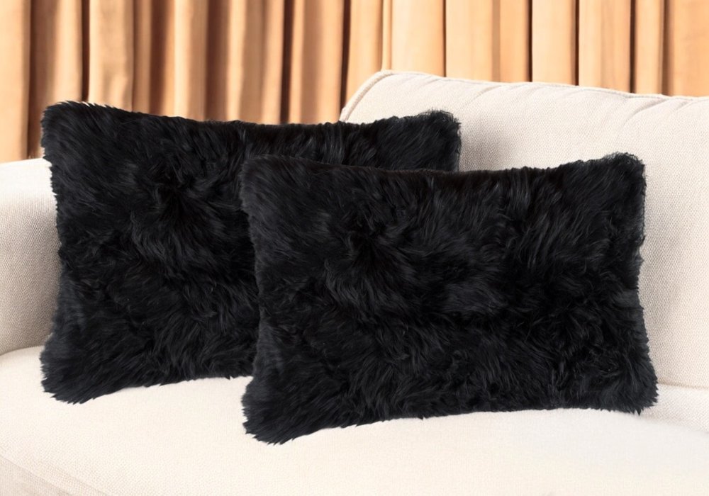 Set of Two 12" X 20" Black Sheepskin Lumbar Throw Pillows