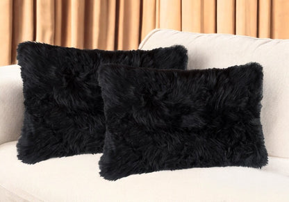 Set of Two 12" X 20" Black Sheepskin Lumbar Throw Pillows