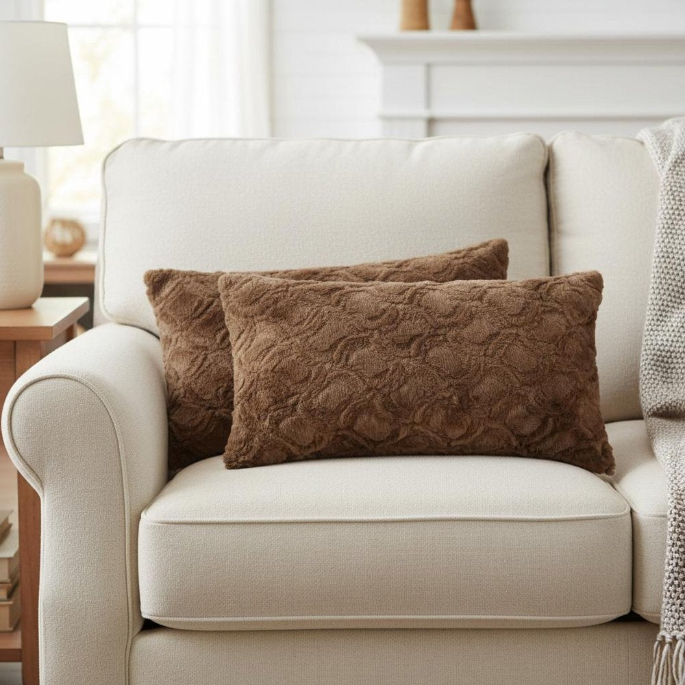 Set of Two 12" X 20" Brown Faux Fur Lumbar Throw Pillows