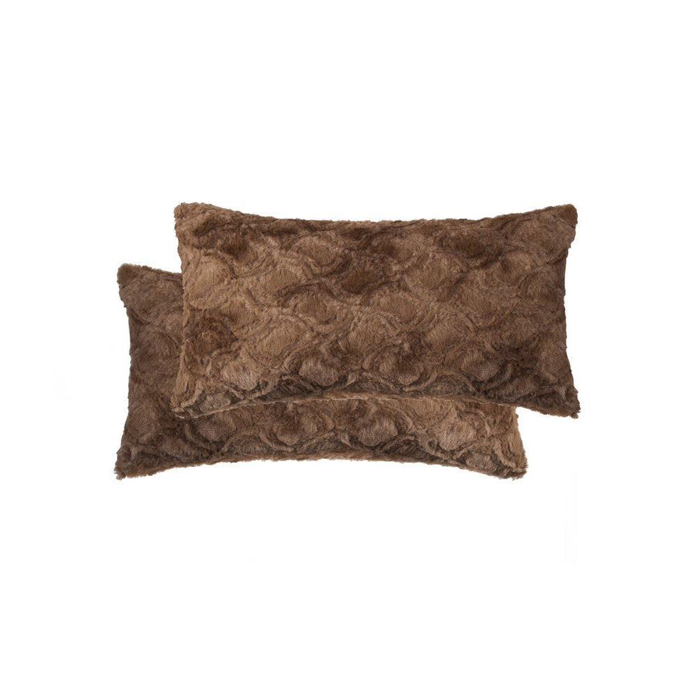 Set of Two 12" X 20" Brown Faux Fur Lumbar Throw Pillows