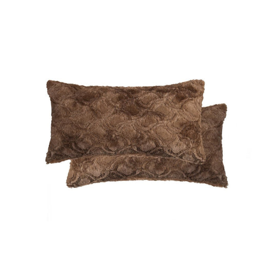 Set of Two 12" X 20" Brown Faux Fur Lumbar Throw Pillows