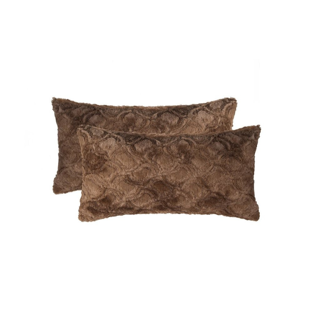 Set of Two 12" X 20" Brown Faux Fur Lumbar Throw Pillows
