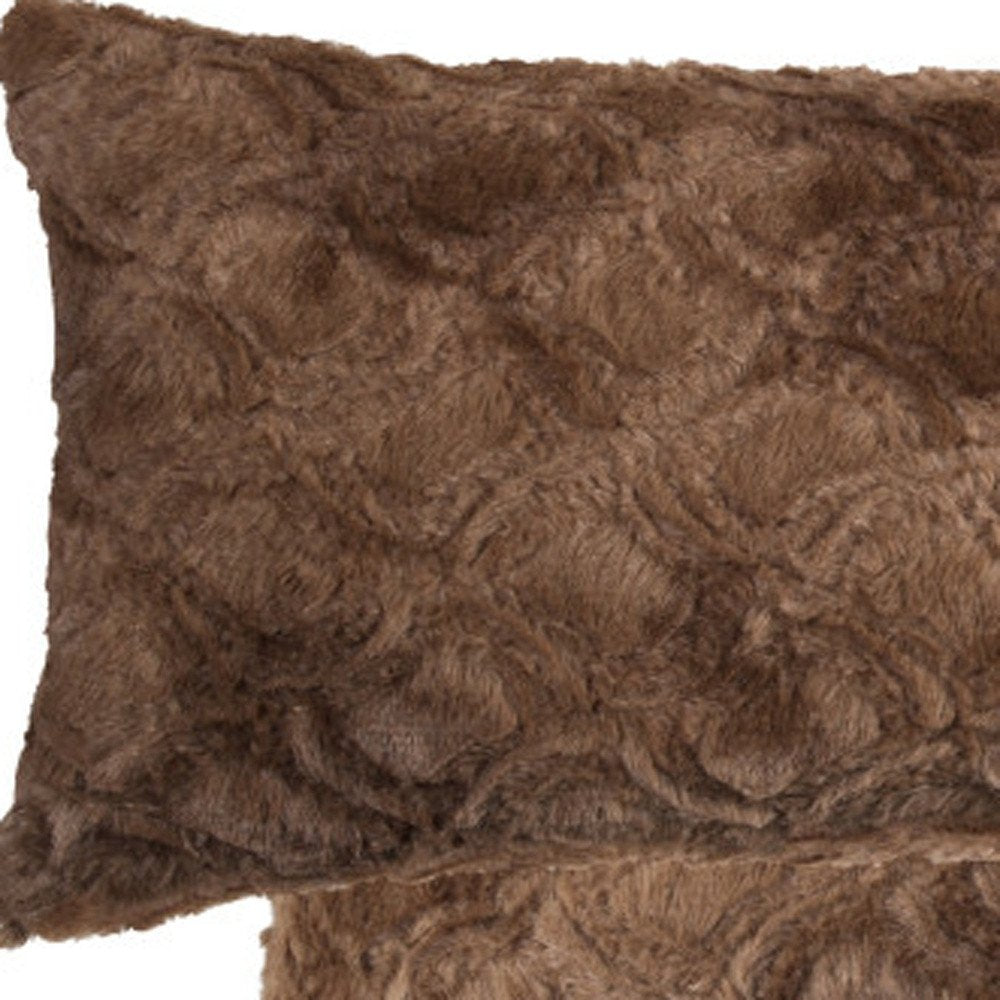 Set of Two 12" X 20" Brown Faux Fur Lumbar Throw Pillows