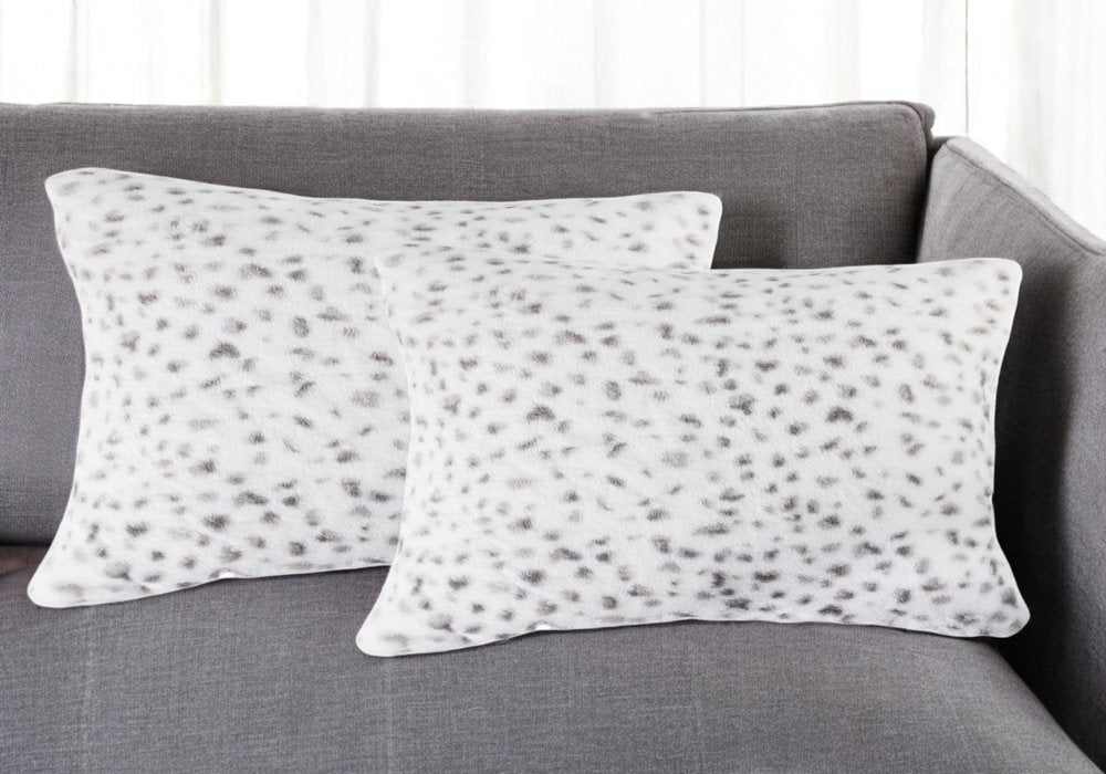 Set of Two 12" X 20" White and Gray Faux Fur Lumbar Throw Pillows