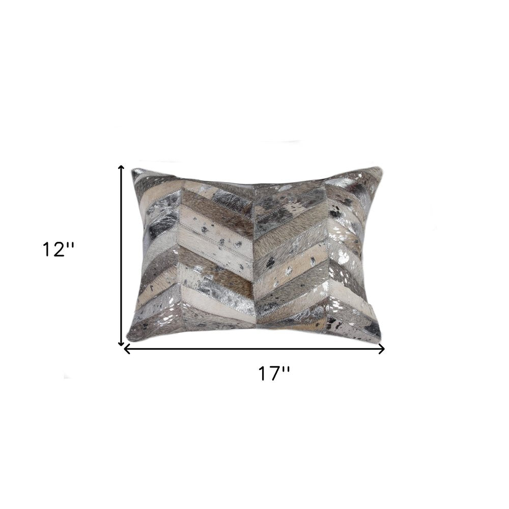 12" X 20" Gray and Silver Chevron Cowhide Lumbar Throw Pillow with Glitter