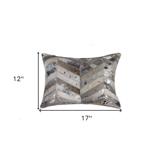 12" X 20" Gray and Silver Chevron Cowhide Lumbar Throw Pillow with Glitter