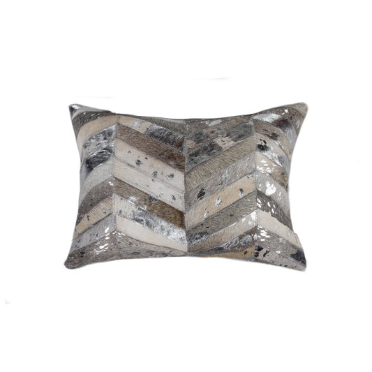 12" X 20" Gray and Silver Chevron Cowhide Lumbar Throw Pillow with Glitter
