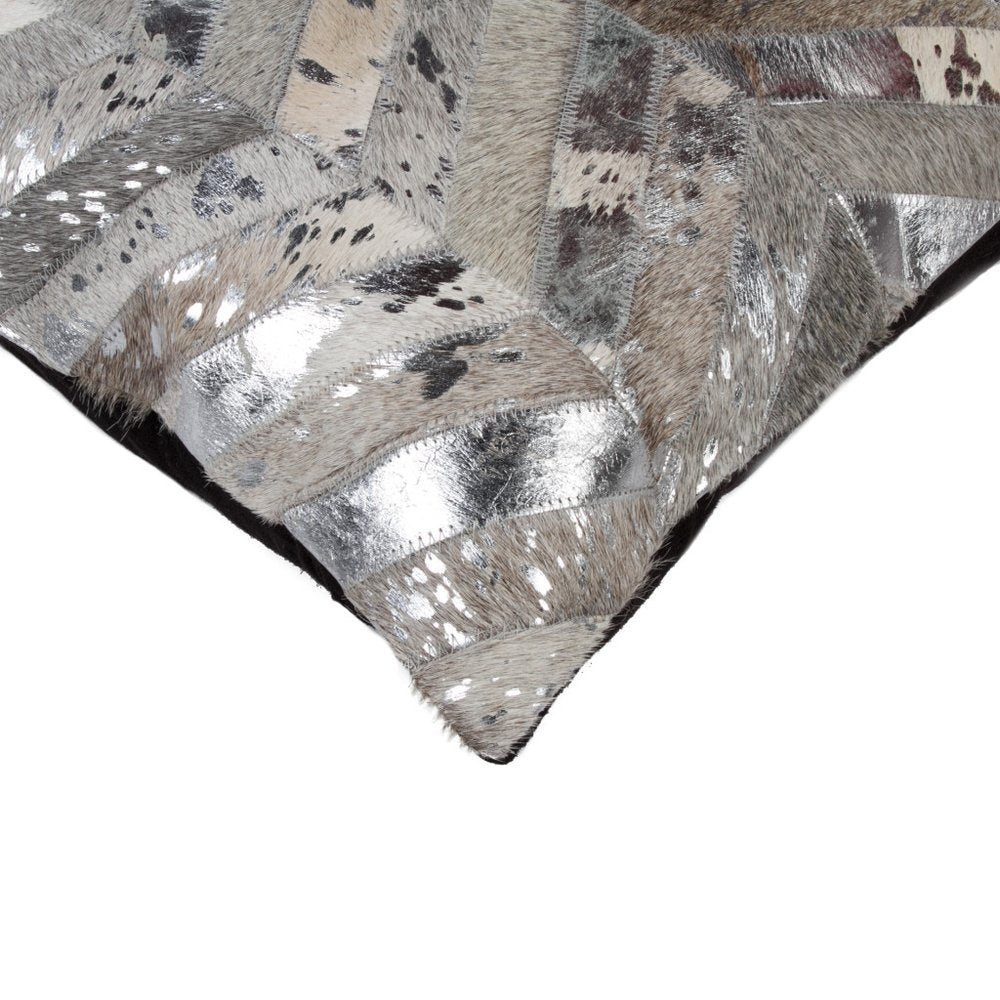 12" X 20" Gray and Silver Chevron Cowhide Lumbar Throw Pillow with Glitter