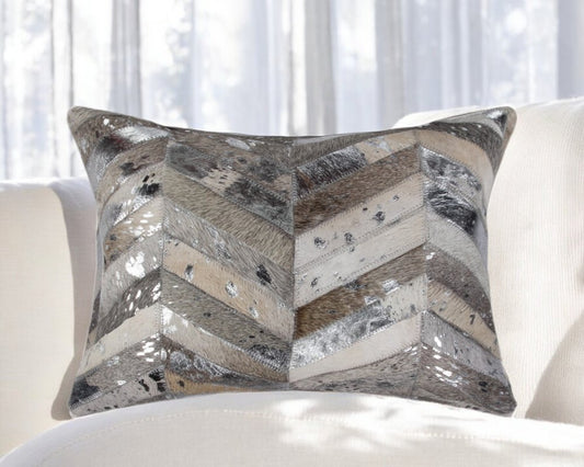 12" X 20" Gray and Silver Chevron Cowhide Lumbar Throw Pillow with Glitter