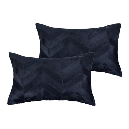 Set of Two 12" X 20" Black Lumbar Chevron Cowhide Throw Pillows