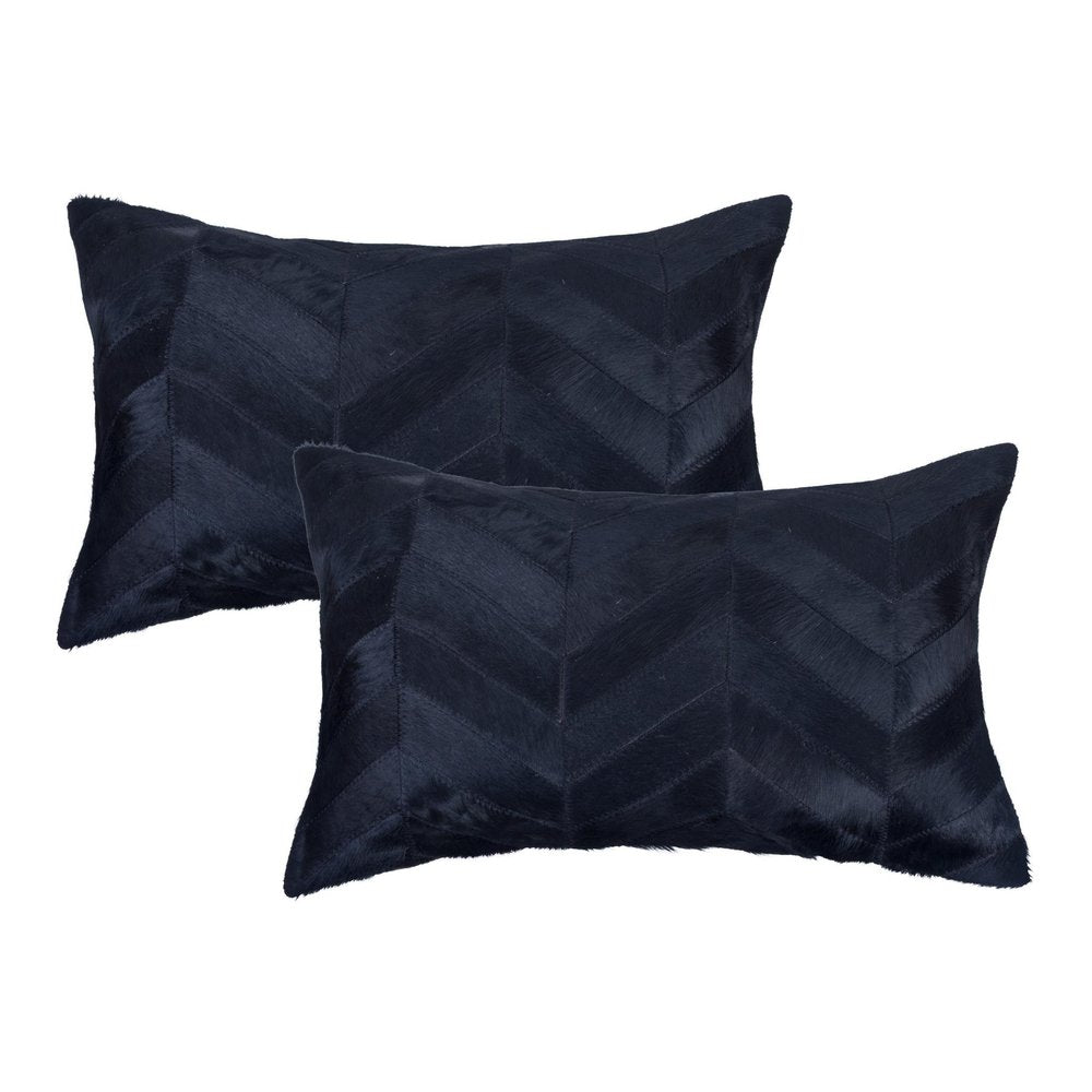 Set of Two 12" X 20" Black Lumbar Chevron Cowhide Throw Pillows
