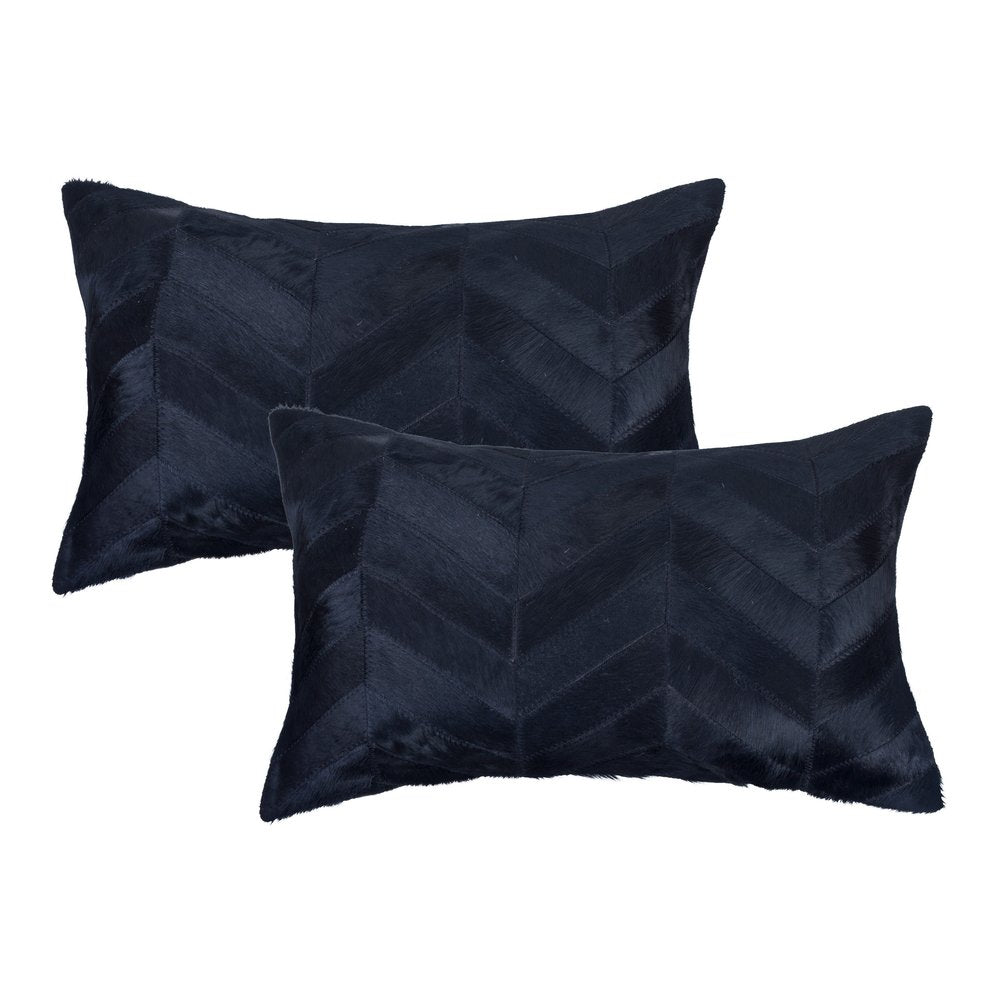 Set of Two 12" X 20" Black Lumbar Chevron Cowhide Throw Pillows
