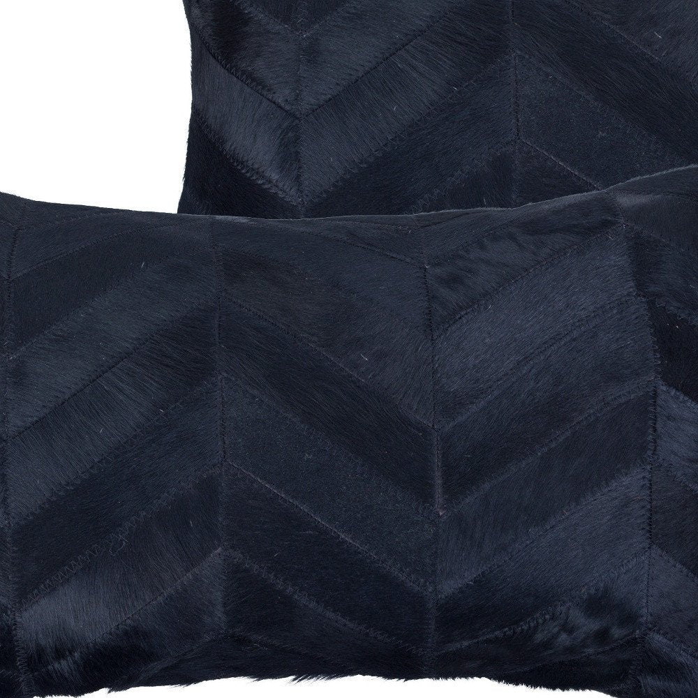 Set of Two 12" X 20" Black Lumbar Chevron Cowhide Throw Pillows