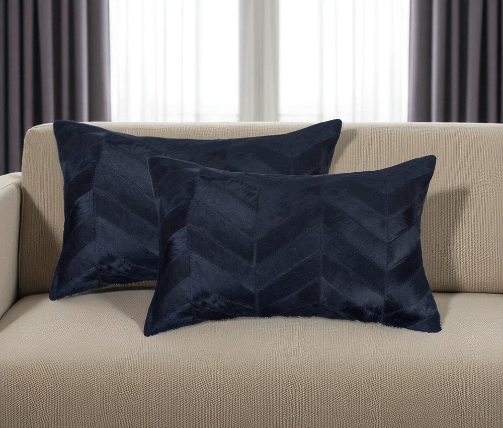 Set of Two 12" X 20" Black Lumbar Chevron Cowhide Throw Pillows