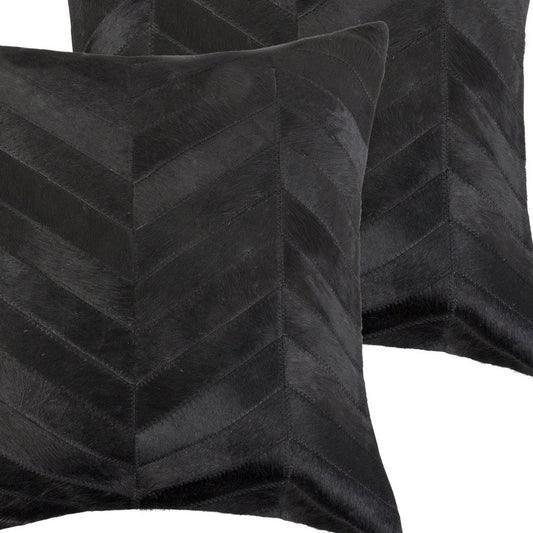 Set of Two 18" Black Chevron Cowhide Throw Pillows