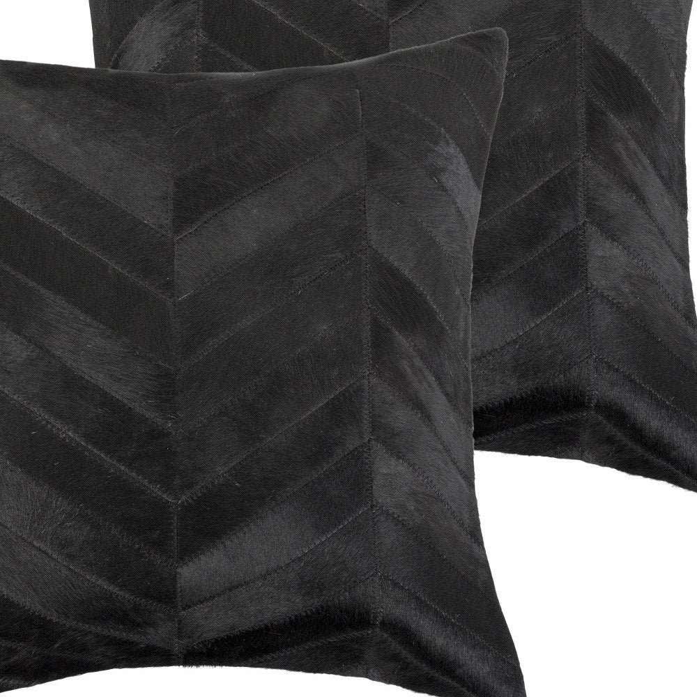 Set of Two 18" Black Chevron Cowhide Throw Pillows