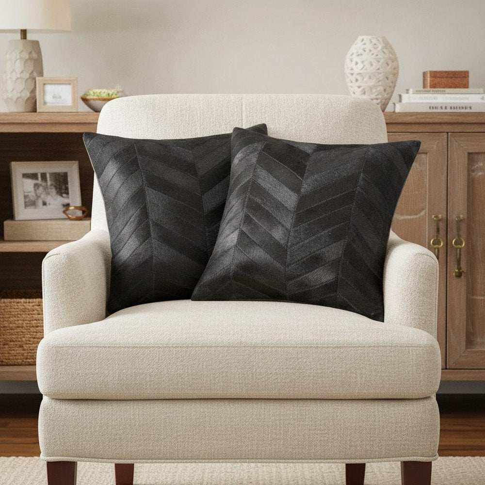 Set of Two 18" Black Chevron Cowhide Throw Pillows