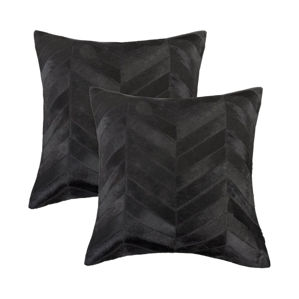 Set of Two 18" Black Chevron Cowhide Throw Pillows