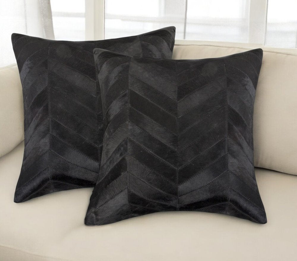 Set of Two 18" Black Chevron Cowhide Throw Pillows