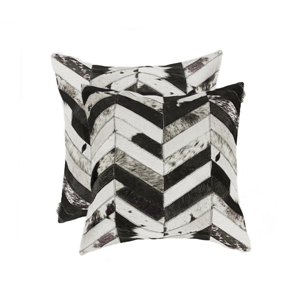 Set of Two 18" Black and Natural Chevron Cowhide Throw Pillows