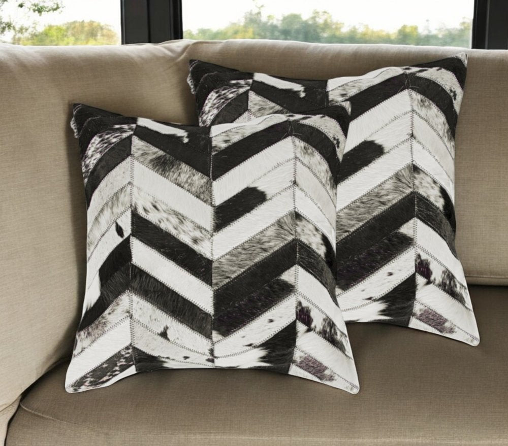 Set of Two 18" Black and Natural Chevron Cowhide Throw Pillows