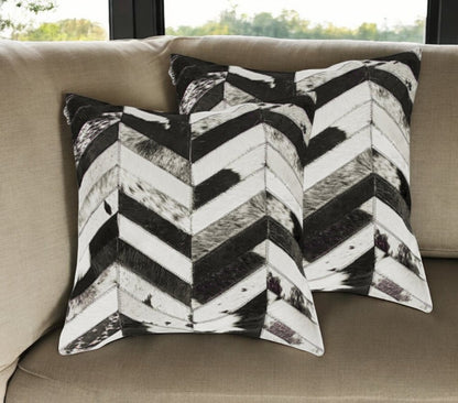 Set of Two 18" Black and Natural Chevron Cowhide Throw Pillows