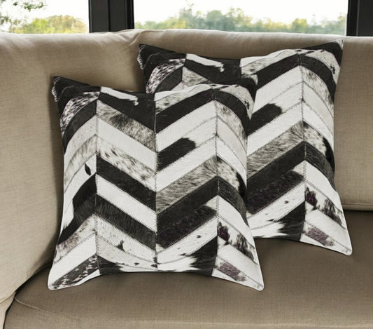 Set of Two 18" Black and Natural Chevron Cowhide Throw Pillows