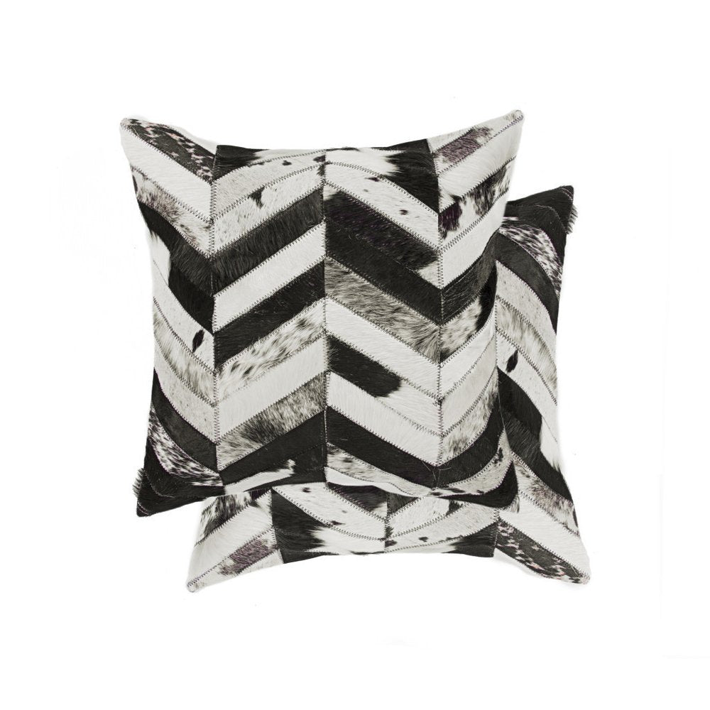 Set of Two 18" Black and Natural Chevron Cowhide Throw Pillows