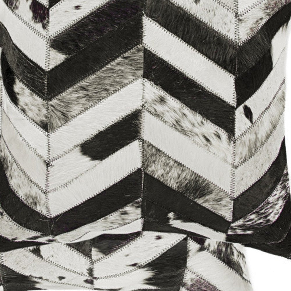 Set of Two 18" Black and Natural Chevron Cowhide Throw Pillows