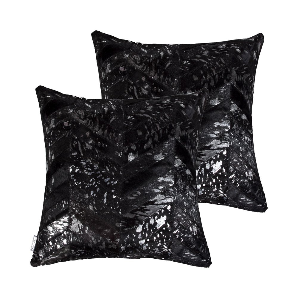 Set of Two 18" Black and Silver Chevron Cowhide Throw Pillows with Glitter